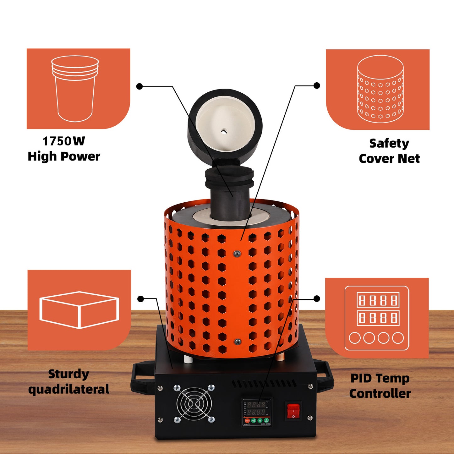 1750W Electric Melting Furnace 3KG Metal Gold Silver Copper Smelter Crucible