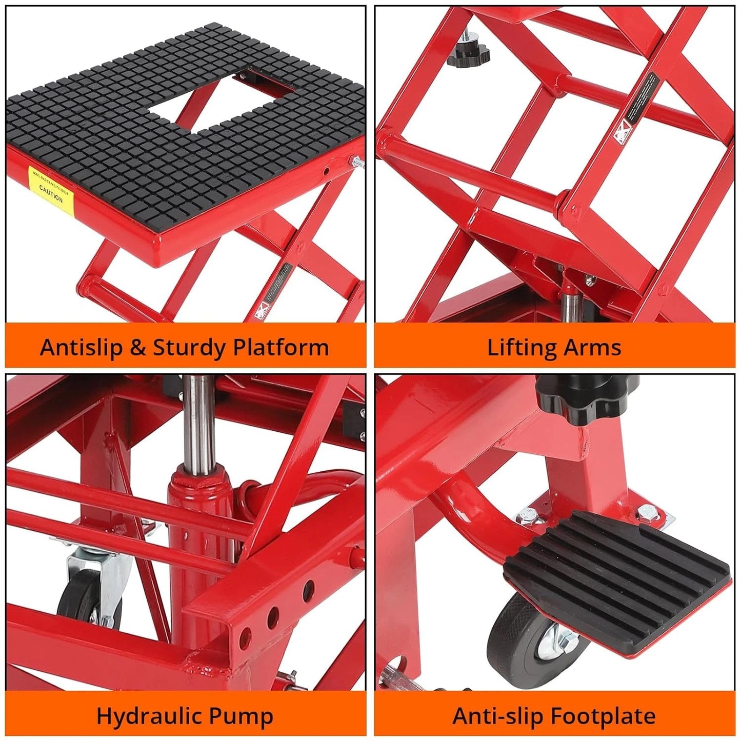 Hydraulic Motorcycle Lift Table, 350 lbs Capacity Motorcycle Scissor Jack Lift with Wide Deck, J-Hooks, 4 Wheels, Hydraulic Foot-Operated Jack Stand for ATV Dirt Bikes | for Dirt bikes and Off-Road Motorcycles, with Foot Pedal, 4 Casters, Safety Pin,