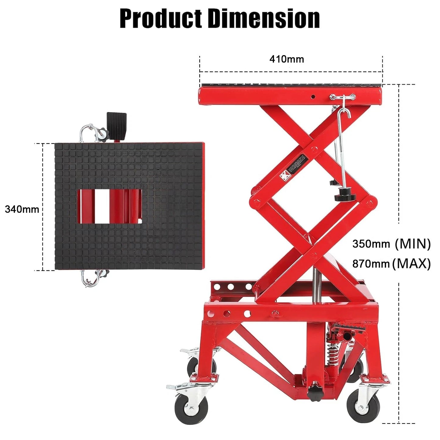 Hydraulic Motorcycle Lift Table, 350 lbs Capacity Motorcycle Scissor Jack Lift with Wide Deck, J-Hooks, 4 Wheels, Hydraulic Foot-Operated Jack Stand for ATV Dirt Bikes | for Dirt bikes and Off-Road Motorcycles, with Foot Pedal, 4 Casters, Safety Pin,