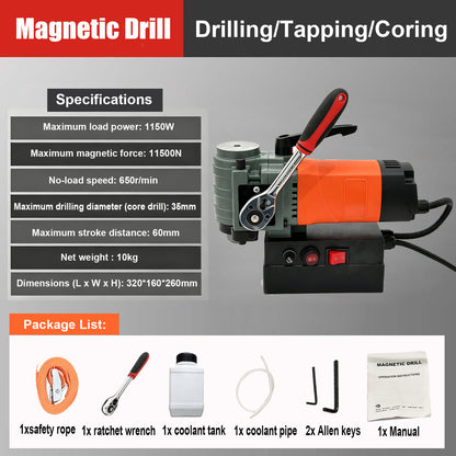 Portable 1300W Magnetic Drill Press, 10000N 220V Electric Low Profile Mag Drilling Machine with 35 mm Boring Diameter & 45 mm Boring Depth, Light weight, with 2m Cable