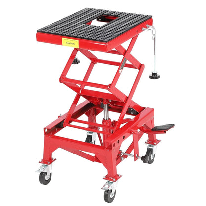 Hydraulic Motorcycle Lift Table, 350 lbs Capacity Motorcycle Scissor Jack Lift with Wide Deck, J-Hooks, 4 Wheels, Hydraulic Foot-Operated Jack Stand for ATV Dirt Bikes | for Dirt bikes and Off-Road Motorcycles, with Foot Pedal, 4 Casters, Safety Pin,