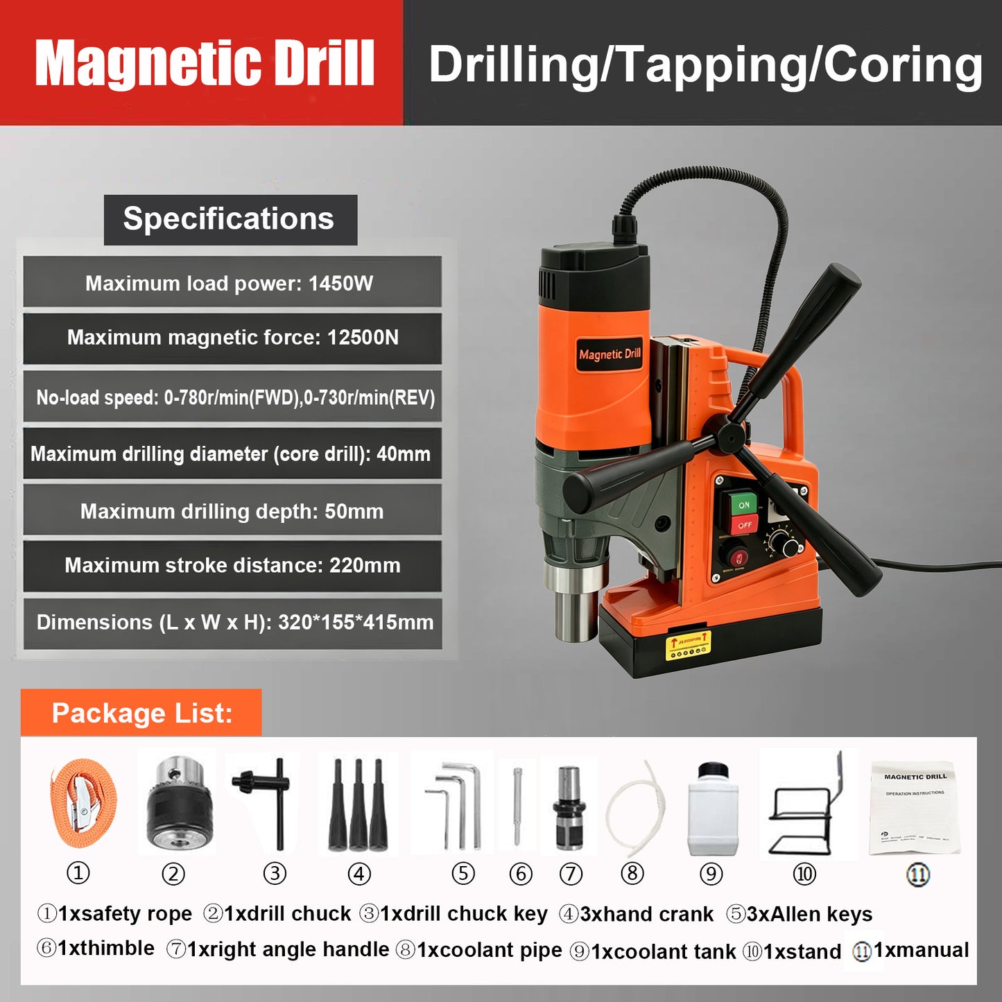 1450W Portable Magnetic Drill Press Mag Drill Machine with Annular Cutter Kit
