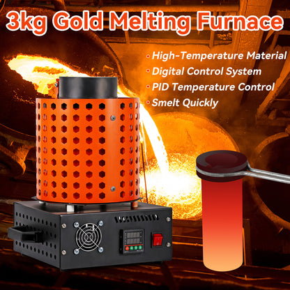 1750W Electric Melting Furnace 3KG Metal Gold Silver Copper Smelter Crucible