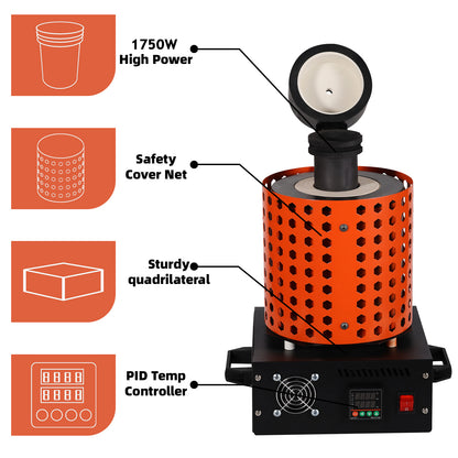 1750W Electric Melting Furnace 3KG Metal Gold Silver Copper Smelter Crucible