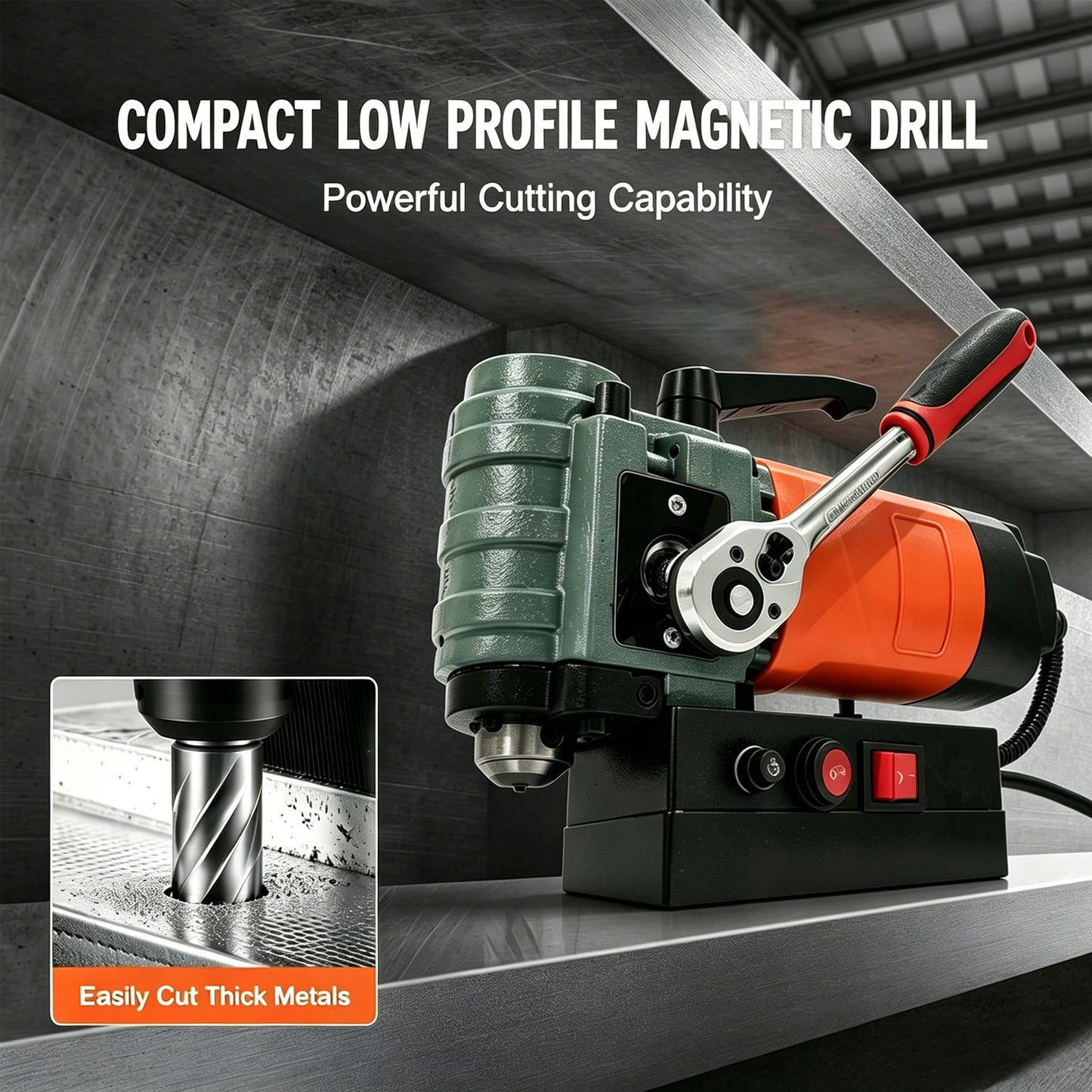 Portable 1300W Magnetic Drill Press, 10000N 220V Electric Low Profile Mag Drilling Machine with 35 mm Boring Diameter & 45 mm Boring Depth, Light weight, with 2m Cable
