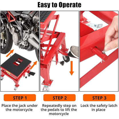 Hydraulic Motorcycle Lift Table, 350 lbs Capacity Motorcycle Scissor Jack Lift with Wide Deck, J-Hooks, 4 Wheels, Hydraulic Foot-Operated Jack Stand for ATV Dirt Bikes | for Dirt bikes and Off-Road Motorcycles, with Foot Pedal, 4 Casters, Safety Pin,