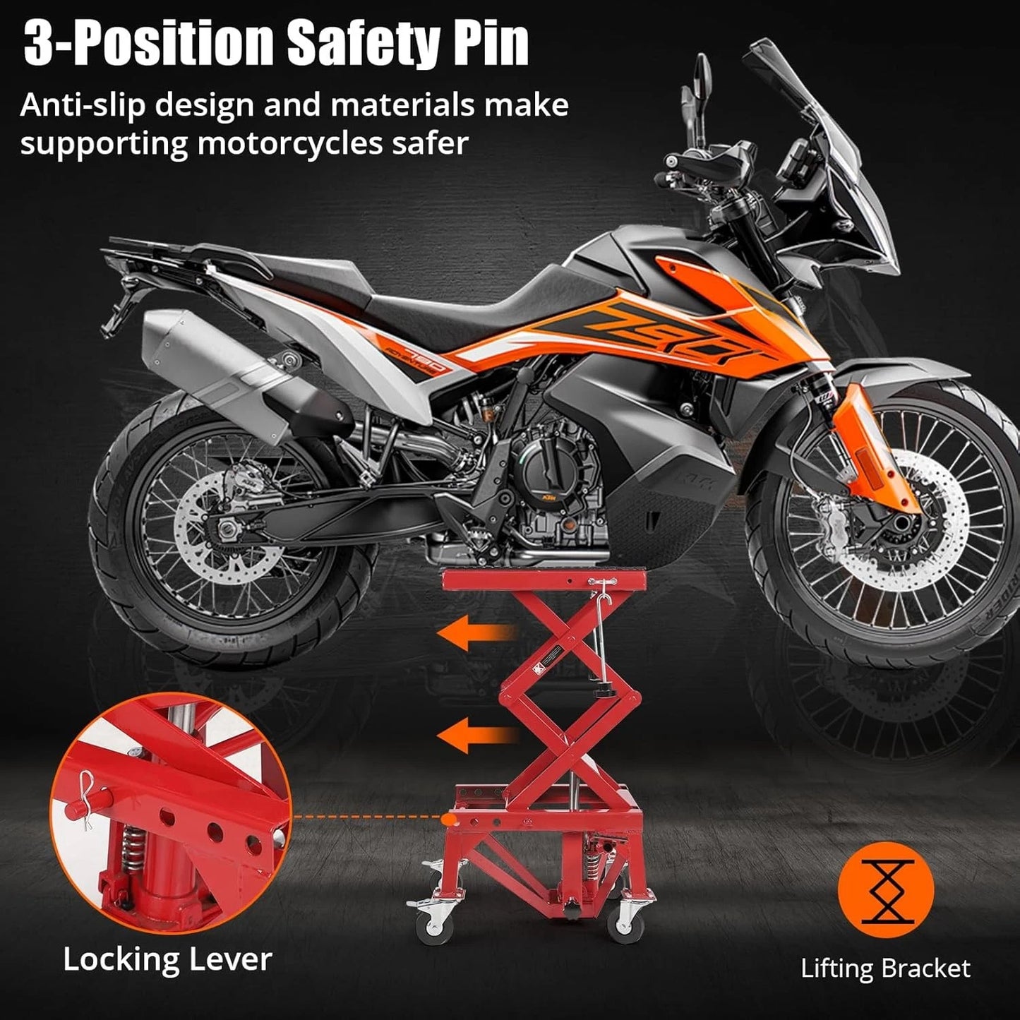 Hydraulic Motorcycle Lift Table, 350 lbs Capacity Motorcycle Scissor Jack Lift with Wide Deck, J-Hooks, 4 Wheels, Hydraulic Foot-Operated Jack Stand for ATV Dirt Bikes | for Dirt bikes and Off-Road Motorcycles, with Foot Pedal, 4 Casters, Safety Pin,