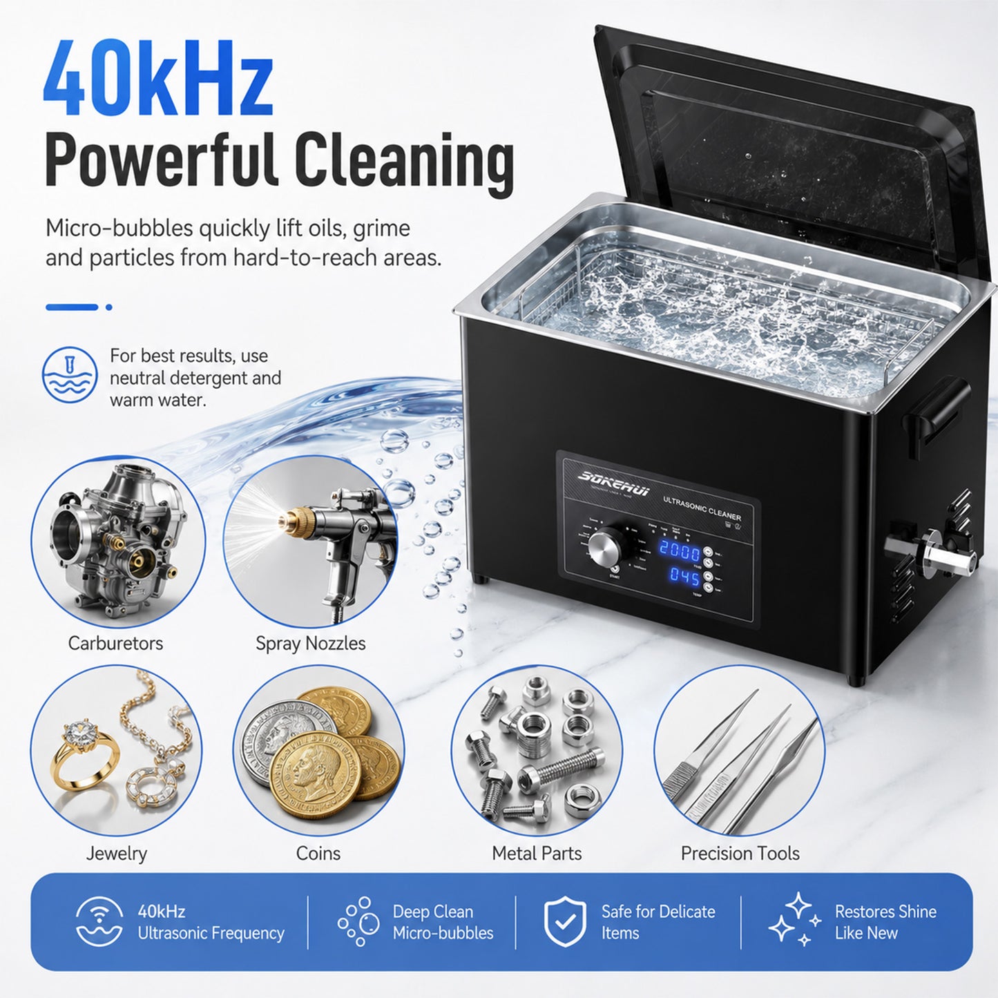 3L/6L/10L/30L Ultrasonic Cleaner, Professional Ultrasonic Cleaner Machine with Knob Control, Stainless Steel Cleaning Machine with Basket and Cleaning Ball, for Watches, Razors, Jewelry, Coins