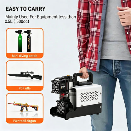 PCP Air Compressor, 30MPa/4500psi Compressor 12V DC With Power Adapter, Manual Stop, No Oil/Water Required Suitable for Paintball, Airsoft Gun, Scuba Cylinder Compressor