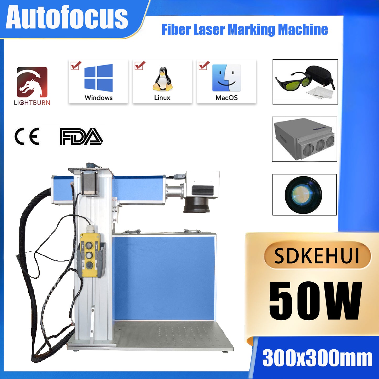 Raycus 50W 300x300mm Autofocus Metal Fiber Laser Engraving and Marking Machine