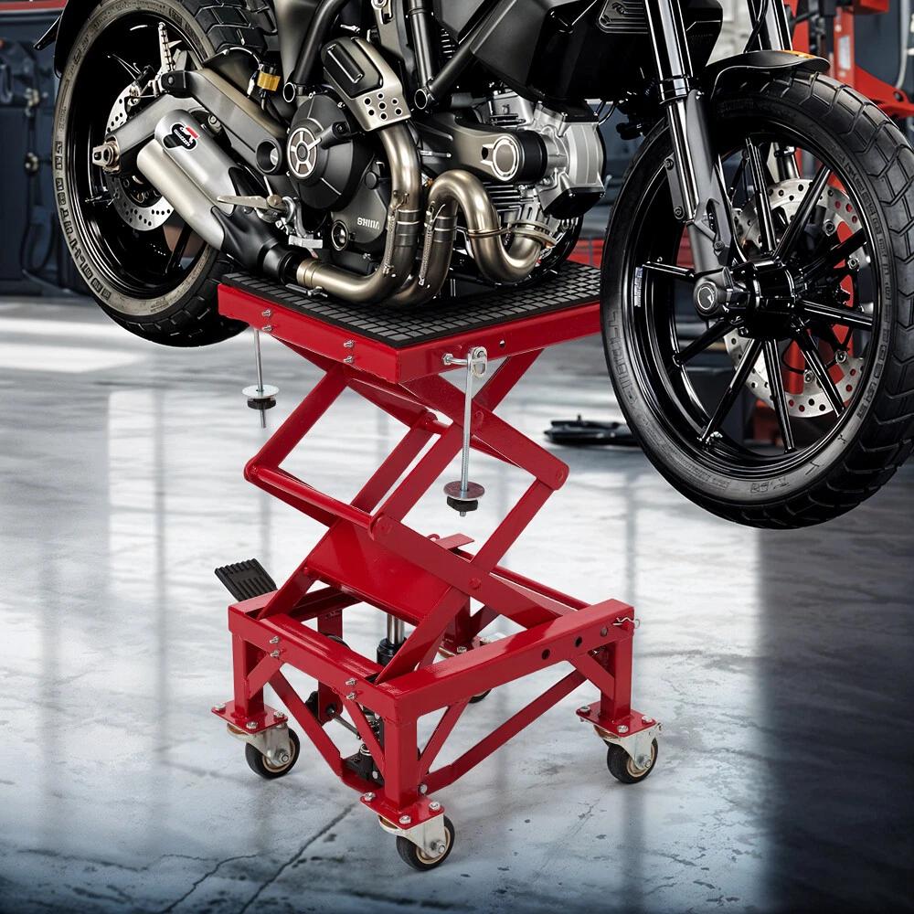 Hydraulic Motorcycle Lift Table, 350 lbs Capacity Motorcycle Scissor Jack Lift with Wide Deck, J-Hooks, 4 Wheels, Hydraulic Foot-Operated Jack Stand for ATV Dirt Bikes | for Dirt bikes and Off-Road Motorcycles, with Foot Pedal, 4 Casters, Safety Pin,