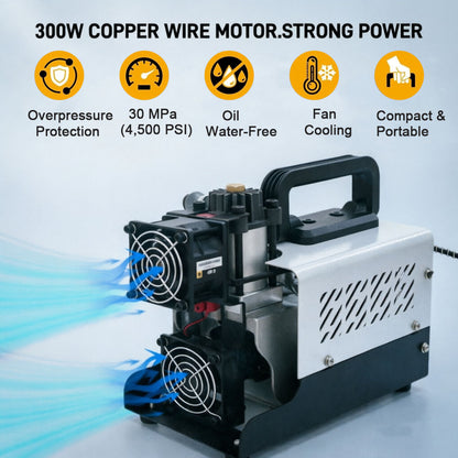 PCP Air Compressor, 30MPa/4500psi Compressor 12V DC With Power Adapter, Manual Stop, No Oil/Water Required Suitable for Paintball, Airsoft Gun, Scuba Cylinder Compressor