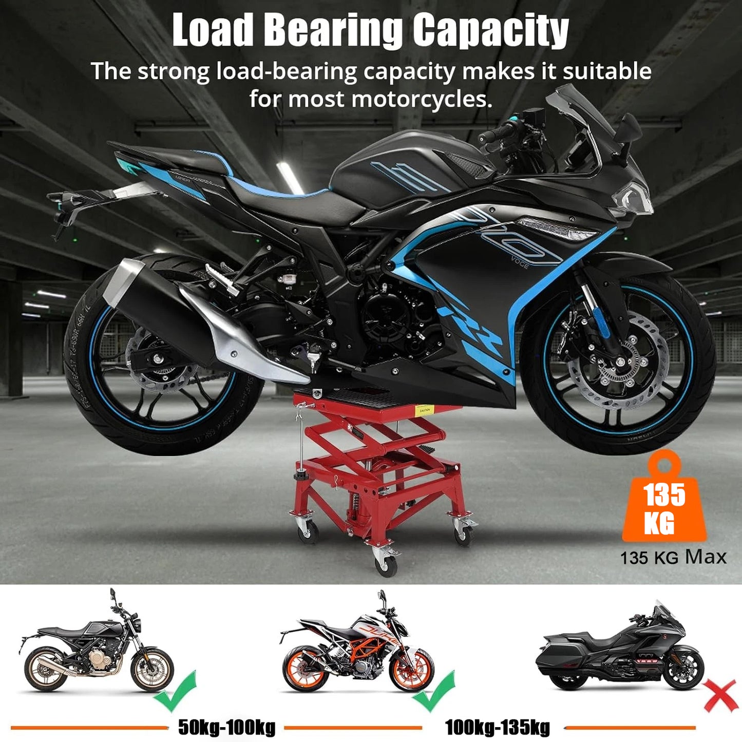 Hydraulic Motorcycle Lift Table, 350 lbs Capacity Motorcycle Scissor Jack Lift with Wide Deck, J-Hooks, 4 Wheels, Hydraulic Foot-Operated Jack Stand for ATV Dirt Bikes | for Dirt bikes and Off-Road Motorcycles, with Foot Pedal, 4 Casters, Safety Pin,