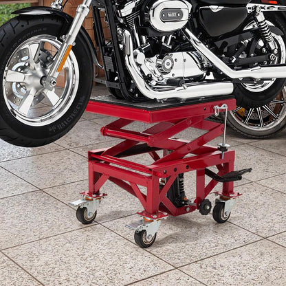 Hydraulic Motorcycle Lift Table, 350 lbs Capacity Motorcycle Scissor Jack Lift with Wide Deck, J-Hooks, 4 Wheels, Hydraulic Foot-Operated Jack Stand for ATV Dirt Bikes | for Dirt bikes and Off-Road Motorcycles, with Foot Pedal, 4 Casters, Safety Pin,